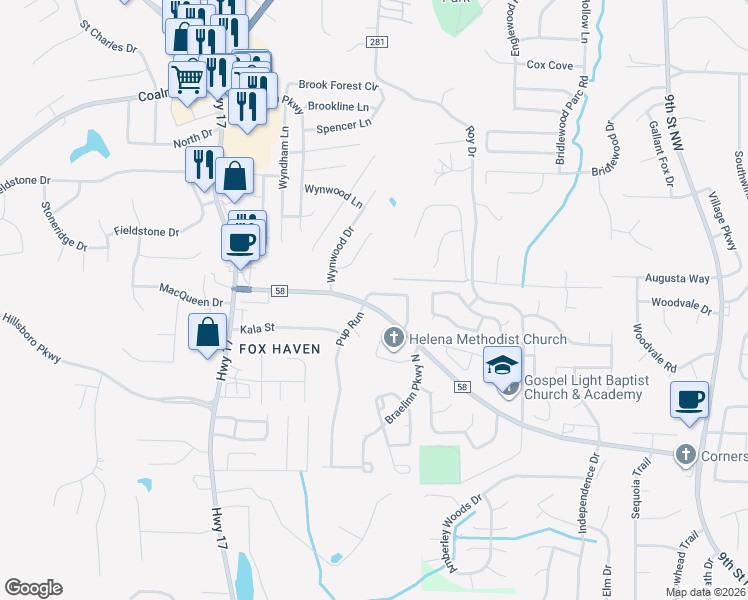map of restaurants, bars, coffee shops, grocery stores, and more near 2304 Buckingham Place in Helena