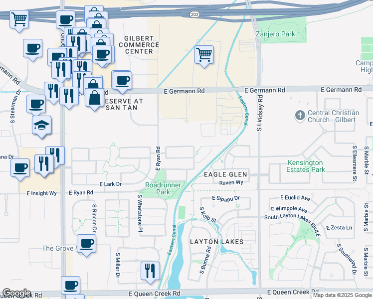 map of restaurants, bars, coffee shops, grocery stores, and more near 3691 East Kingbird Place in Chandler