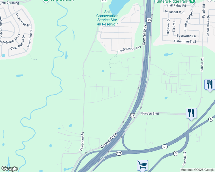 map of restaurants, bars, coffee shops, grocery stores, and more near 4728 County Road 277 in Melissa