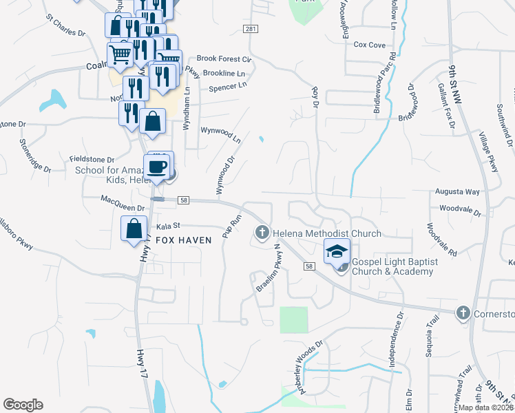 map of restaurants, bars, coffee shops, grocery stores, and more near 2306 Buckingham Place in Helena