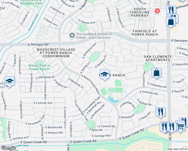 map of restaurants, bars, coffee shops, grocery stores, and more near 4331 South Splendor Place in Gilbert