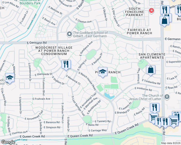 map of restaurants, bars, coffee shops, grocery stores, and more near 4321 South Splendor Place in Gilbert