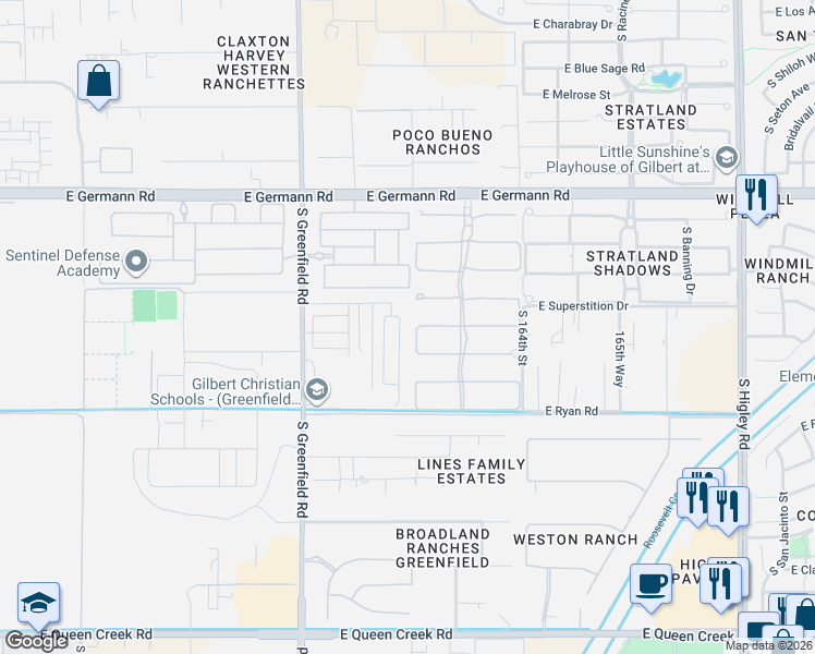 map of restaurants, bars, coffee shops, grocery stores, and more near 2619 East Lovebird Lane in Gilbert