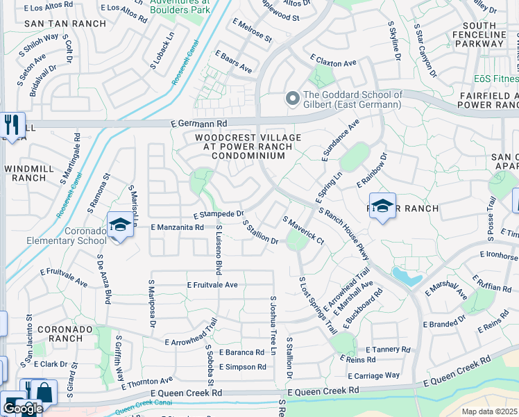 map of restaurants, bars, coffee shops, grocery stores, and more near 4269 South Woodshed Road in Gilbert