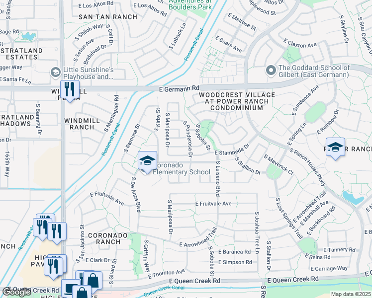 map of restaurants, bars, coffee shops, grocery stores, and more near 3703 East Sundance Avenue in Gilbert