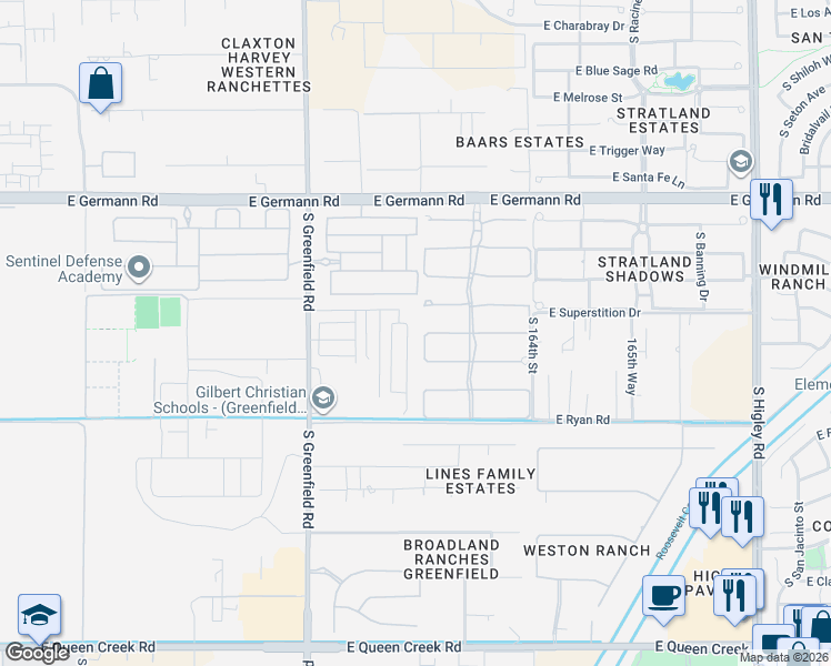 map of restaurants, bars, coffee shops, grocery stores, and more near 2619 East Lovebird Lane in Gilbert