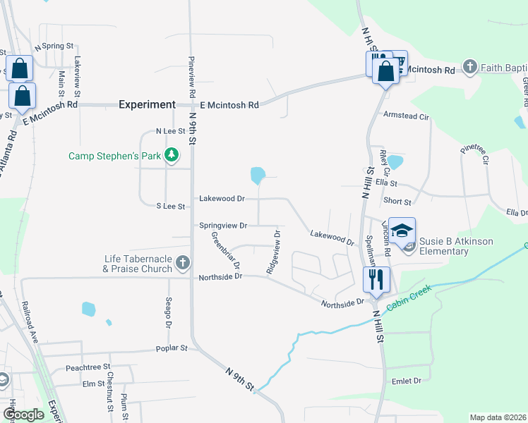 map of restaurants, bars, coffee shops, grocery stores, and more near 401 Springview Drive in Griffin