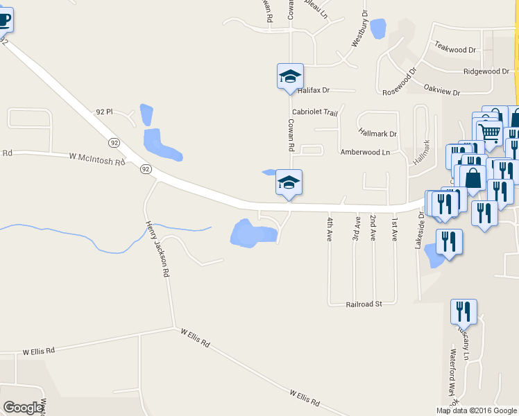 map of restaurants, bars, coffee shops, grocery stores, and more near 1966 Highway 92 in Griffin