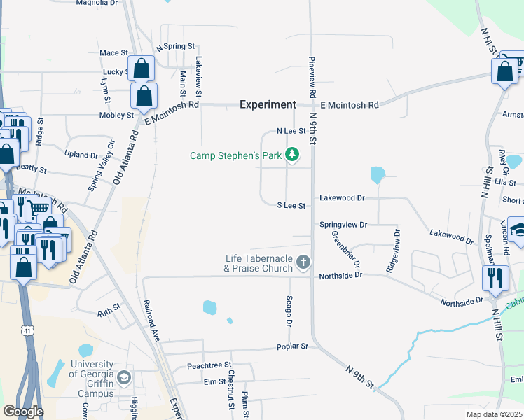 map of restaurants, bars, coffee shops, grocery stores, and more near 1317 South Lee Street in Griffin