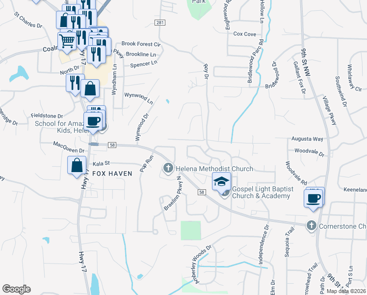 map of restaurants, bars, coffee shops, grocery stores, and more near 154 Cedar Bend Drive in Helena