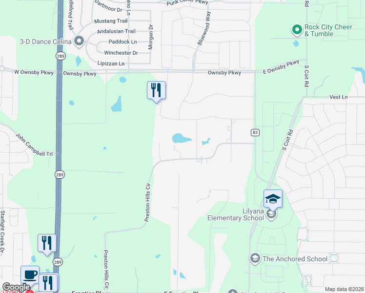 map of restaurants, bars, coffee shops, grocery stores, and more near 3863 Preston Hills Circle in Celina
