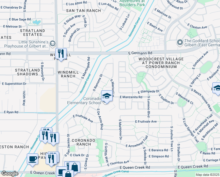 map of restaurants, bars, coffee shops, grocery stores, and more near 3564 East Cabrillo Court in Gilbert
