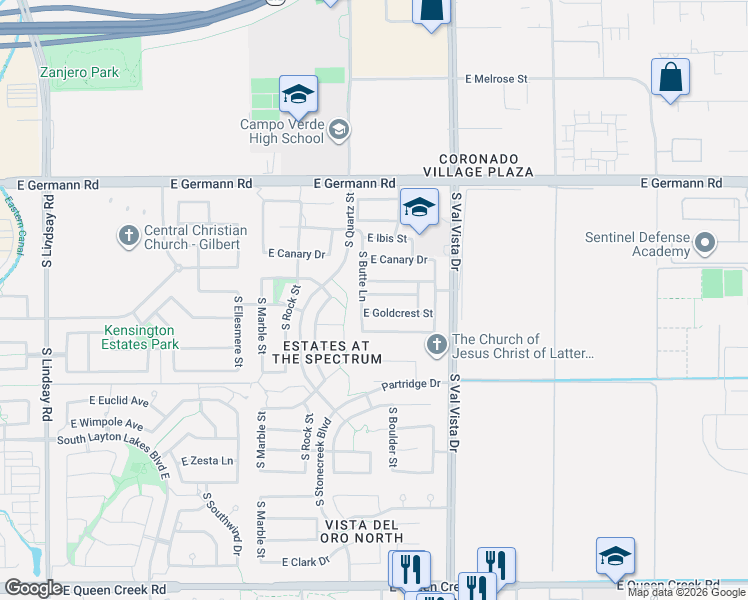 map of restaurants, bars, coffee shops, grocery stores, and more near 1424 East Goldcrest Street in Gilbert