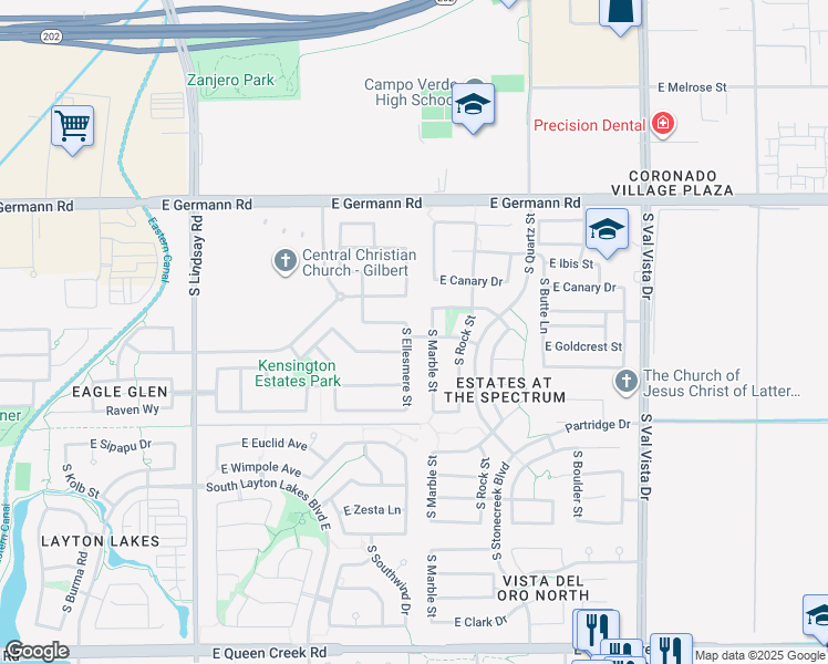 map of restaurants, bars, coffee shops, grocery stores, and more near 4257 South Marble Street in Gilbert