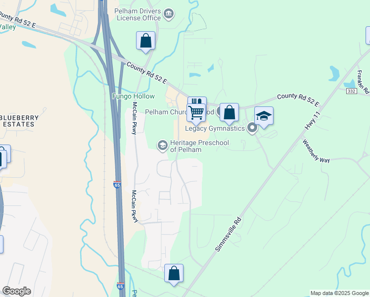 map of restaurants, bars, coffee shops, grocery stores, and more near 600-698 Huntley Parkway in Pelham