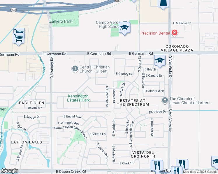 map of restaurants, bars, coffee shops, grocery stores, and more near 4257 South Marble Street in Gilbert