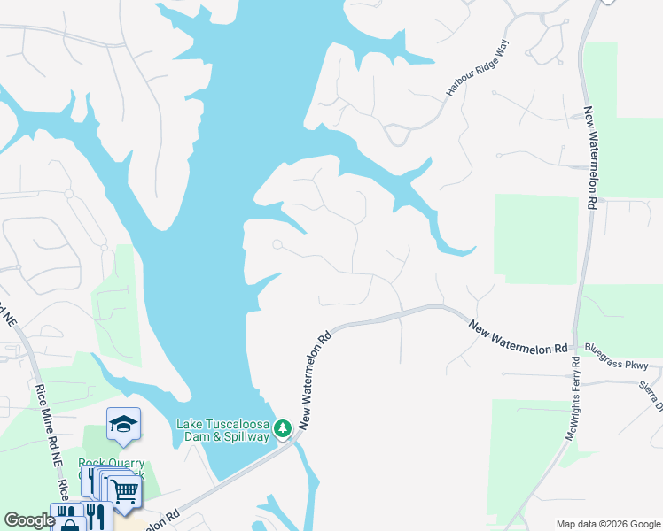 map of restaurants, bars, coffee shops, grocery stores, and more near Lake Crest Drive in Tuscaloosa