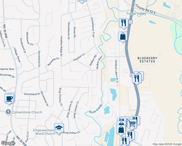 map of restaurants, bars, coffee shops, grocery stores, and more near 205 Stonehaven Trace in Pelham