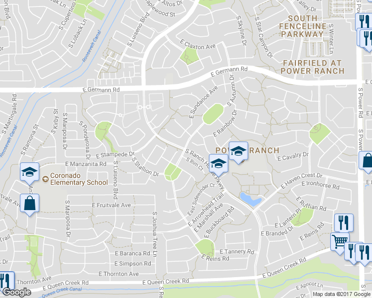 map of restaurants, bars, coffee shops, grocery stores, and more near South Ranch House Parkway in Gilbert