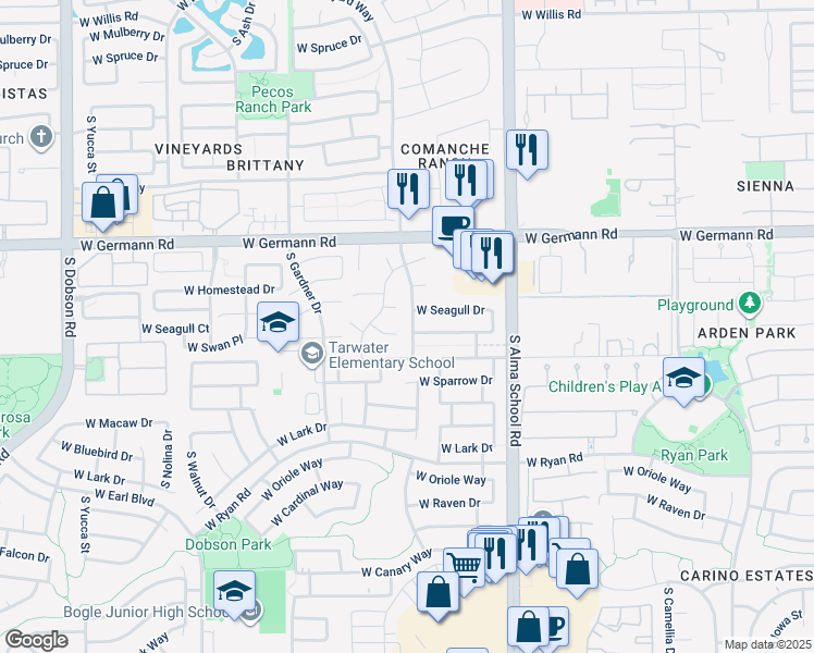 map of restaurants, bars, coffee shops, grocery stores, and more near 2190 South Comanche Drive in Chandler