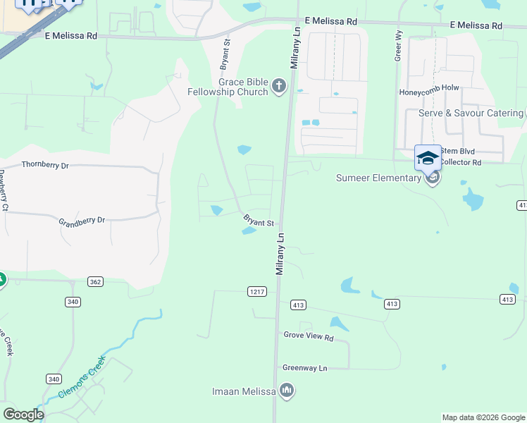 map of restaurants, bars, coffee shops, grocery stores, and more near 5694 Bryant Street in Melissa