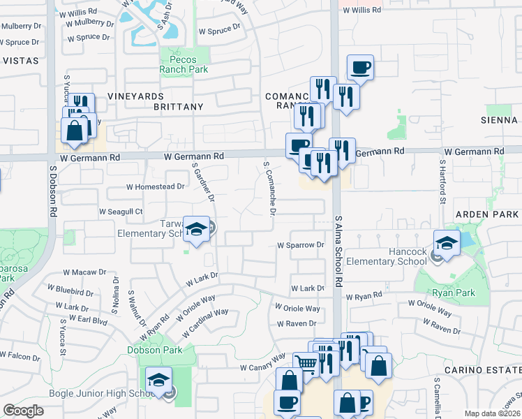 map of restaurants, bars, coffee shops, grocery stores, and more near 1313 West Swan Court in Chandler