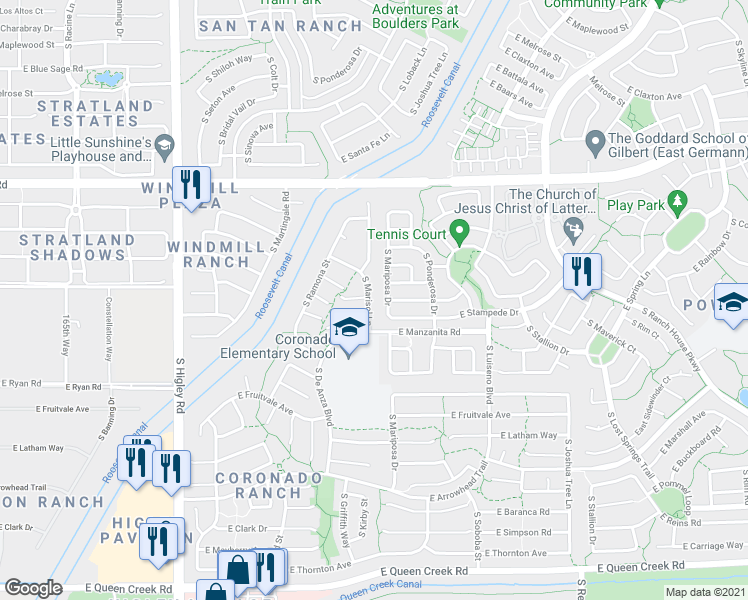 map of restaurants, bars, coffee shops, grocery stores, and more near 3564 East Cabrillo Court in Gilbert