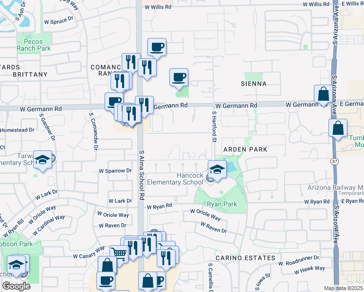 map of restaurants, bars, coffee shops, grocery stores, and more near 808 West Kingbird Drive in Chandler