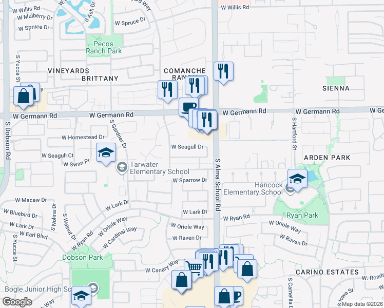 map of restaurants, bars, coffee shops, grocery stores, and more near 1117 West Swan Drive in Chandler