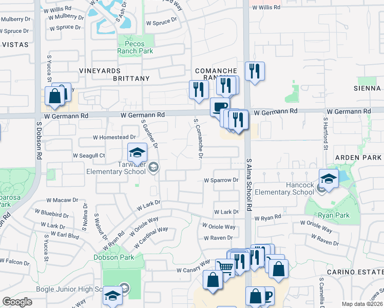 map of restaurants, bars, coffee shops, grocery stores, and more near 1313 West Swan Court in Chandler