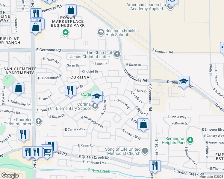 map of restaurants, bars, coffee shops, grocery stores, and more near 18887 East Cattle Drive in Queen Creek