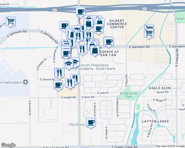 map of restaurants, bars, coffee shops, grocery stores, and more near 3096 East Kingbird Place in Chandler