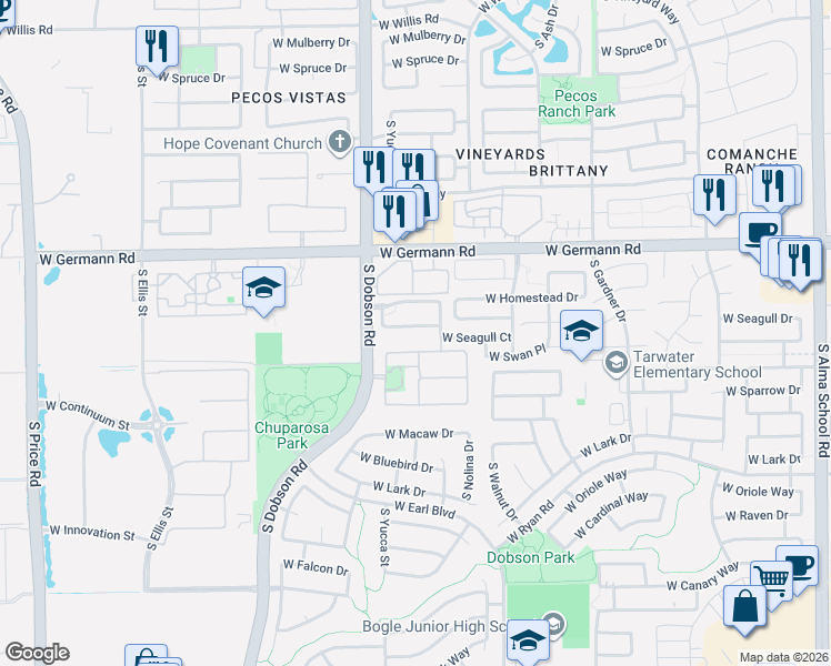 map of restaurants, bars, coffee shops, grocery stores, and more near 1904 West Swan Drive in Chandler