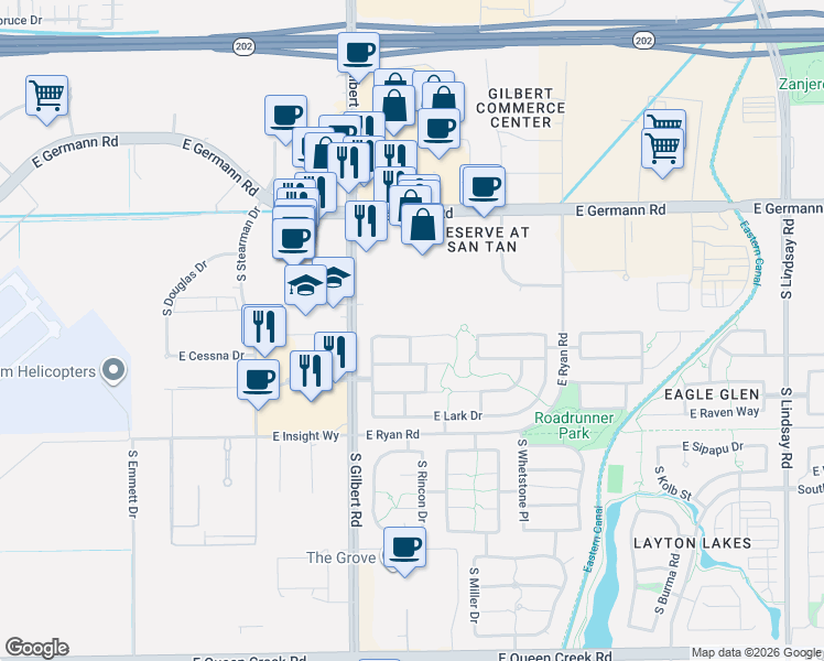 map of restaurants, bars, coffee shops, grocery stores, and more near 3096 East Kingbird Place in Chandler