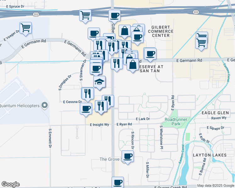 map of restaurants, bars, coffee shops, grocery stores, and more near 2290 South Dragoon Drive in Chandler