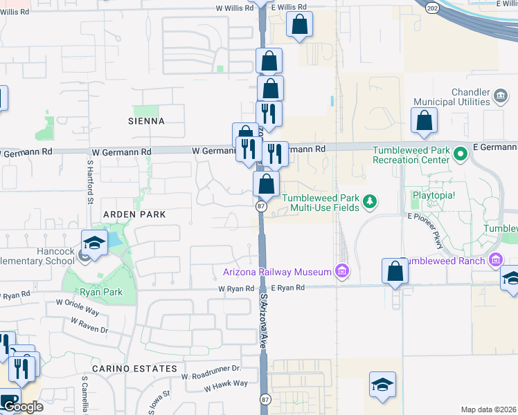 map of restaurants, bars, coffee shops, grocery stores, and more near 19184 South Arizona Avenue in Chandler
