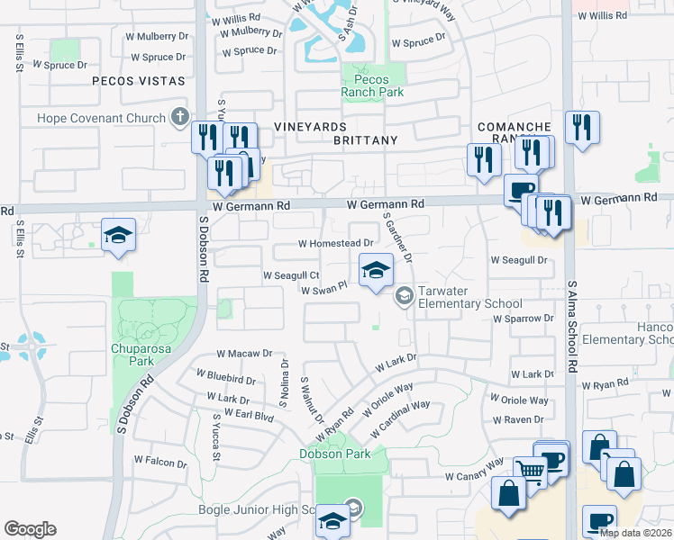 map of restaurants, bars, coffee shops, grocery stores, and more near 1615 West Pelican Court in Chandler