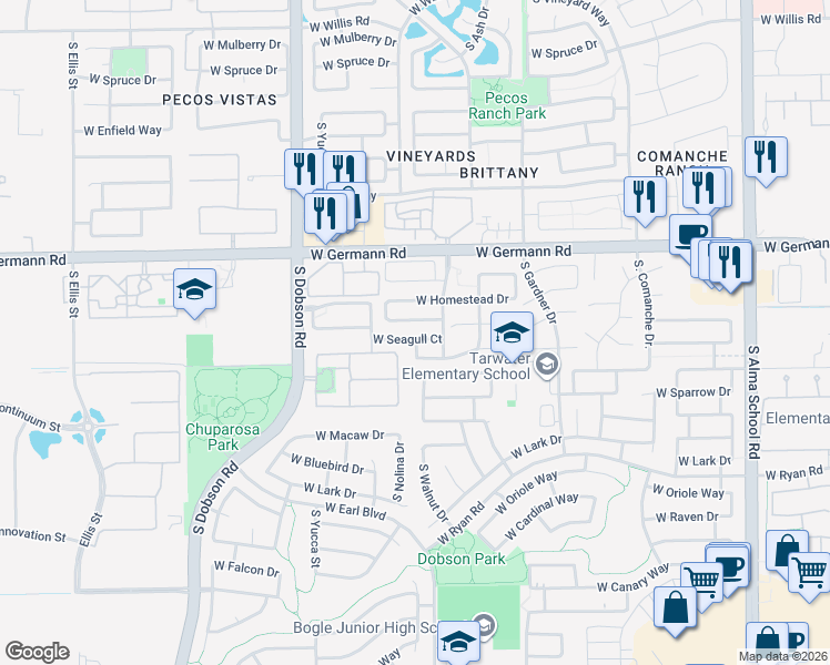 map of restaurants, bars, coffee shops, grocery stores, and more near 1728 West Seagull Court in Chandler