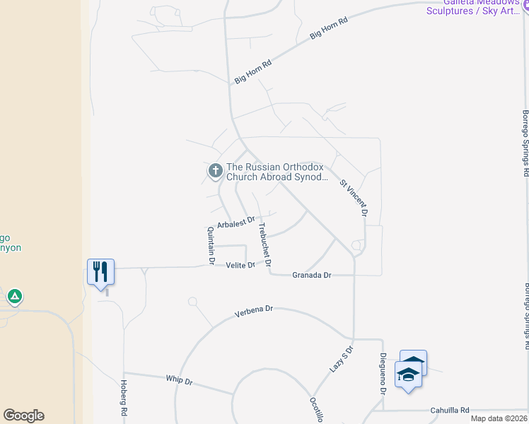 map of restaurants, bars, coffee shops, grocery stores, and more near 1943 Trebuchet Drive in Borrego Springs