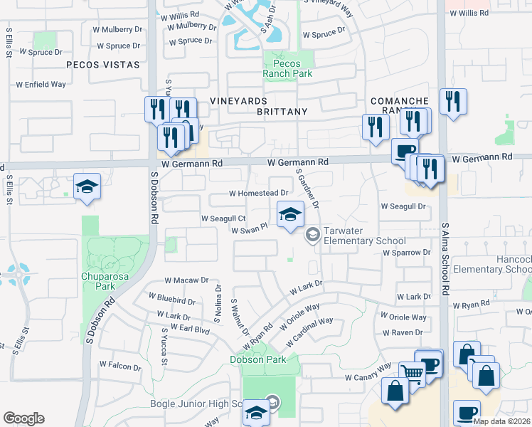 map of restaurants, bars, coffee shops, grocery stores, and more near 1638 West Swan Place in Chandler
