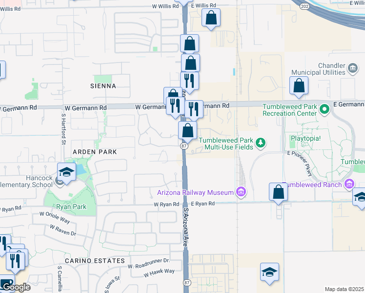 map of restaurants, bars, coffee shops, grocery stores, and more near 19184 South Arizona Avenue in Chandler