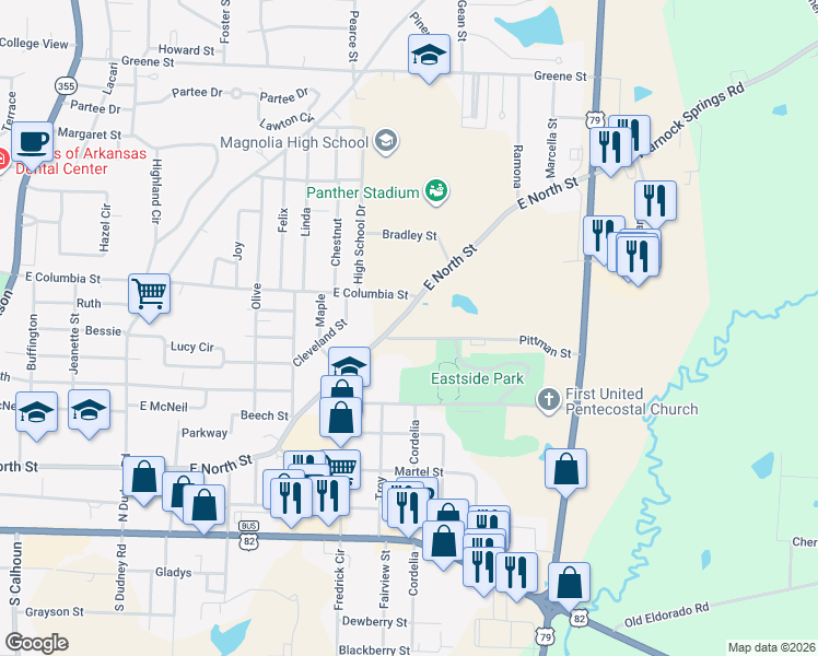 map of restaurants, bars, coffee shops, grocery stores, and more near 1501 Pittman in Magnolia