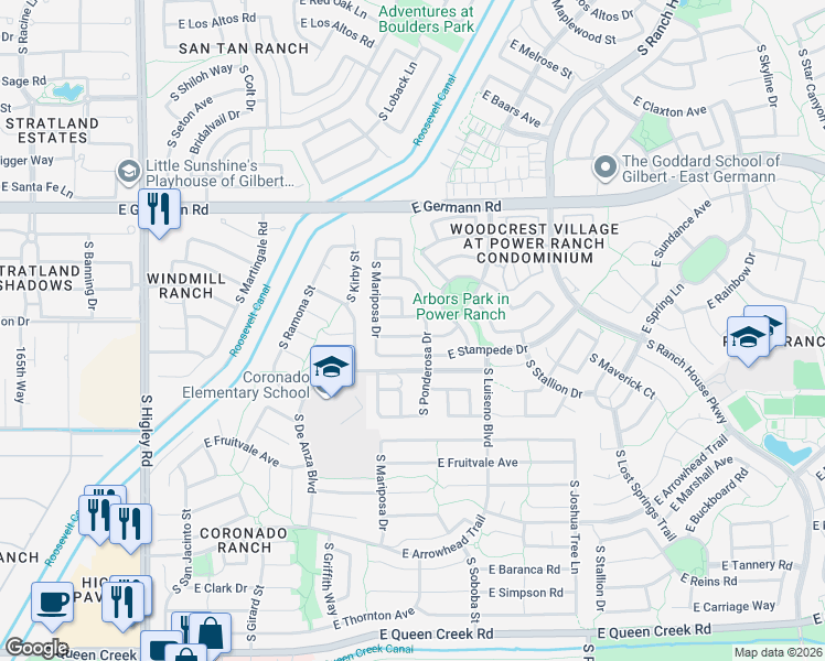 map of restaurants, bars, coffee shops, grocery stores, and more near 3696 East Sundance Avenue in Gilbert