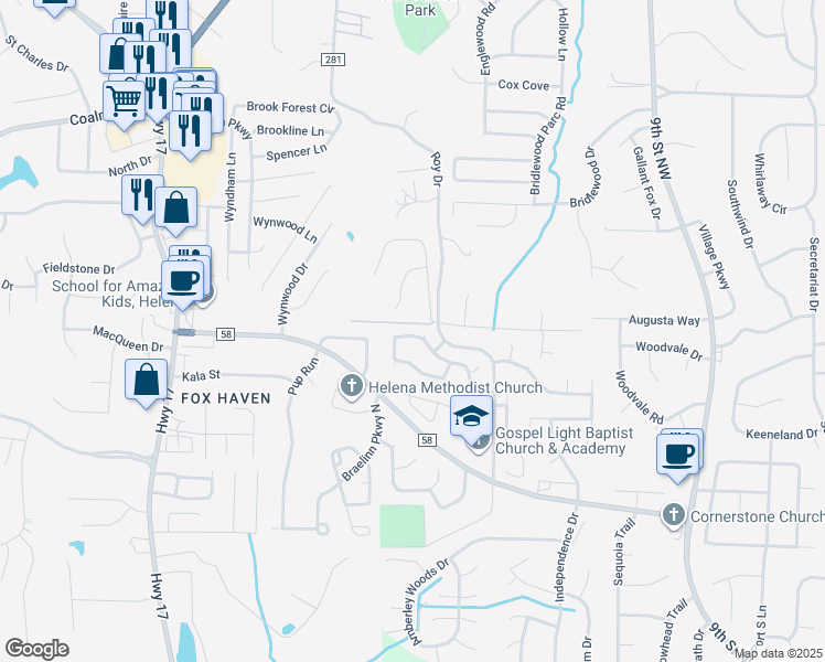 map of restaurants, bars, coffee shops, grocery stores, and more near 135 Cedar Bend Drive in Helena
