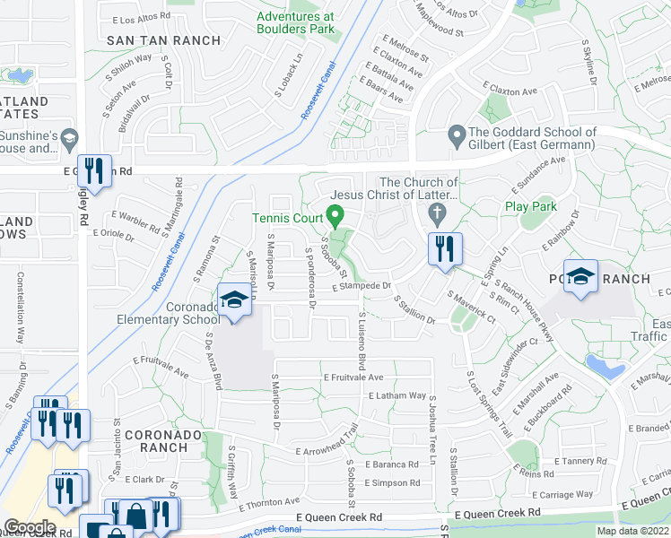 map of restaurants, bars, coffee shops, grocery stores, and more near 4271 Sundance Avenue in Gilbert