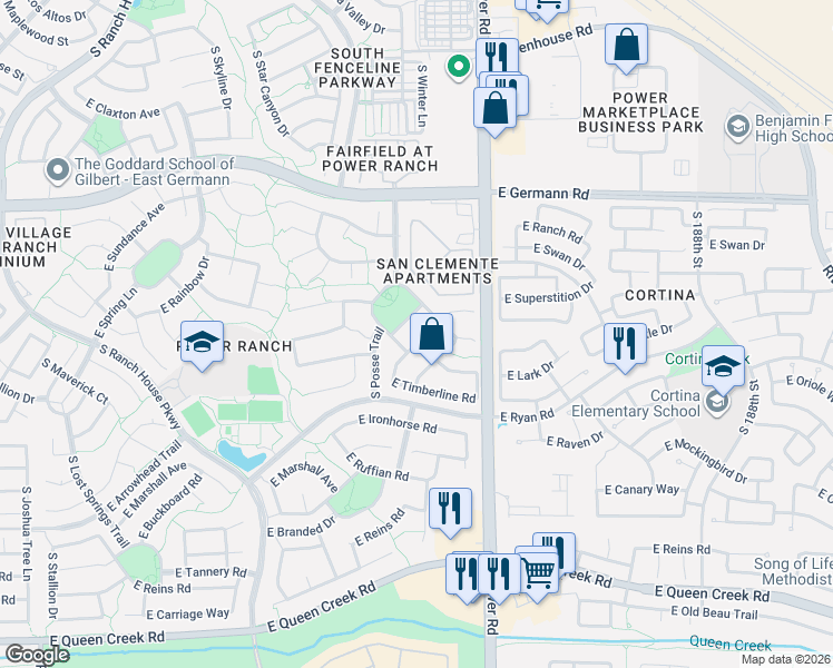 map of restaurants, bars, coffee shops, grocery stores, and more near 4304 South Ranger Trail in Gilbert