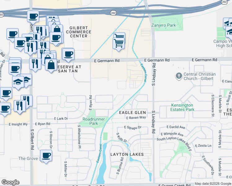 map of restaurants, bars, coffee shops, grocery stores, and more near 3712 East Sparrow Place in Chandler