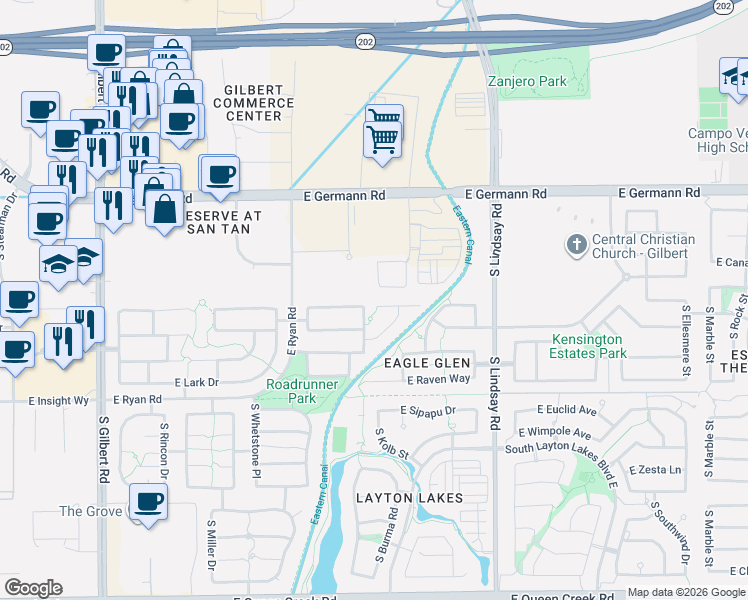map of restaurants, bars, coffee shops, grocery stores, and more near 3712 East Sparrow Place in Chandler