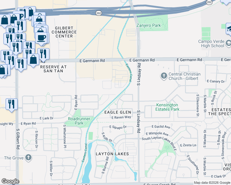 map of restaurants, bars, coffee shops, grocery stores, and more near 3850 East Kingbird Place in Chandler