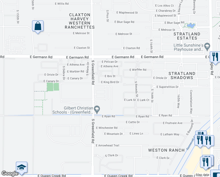map of restaurants, bars, coffee shops, grocery stores, and more near 2495 East Superstition Drive in Gilbert